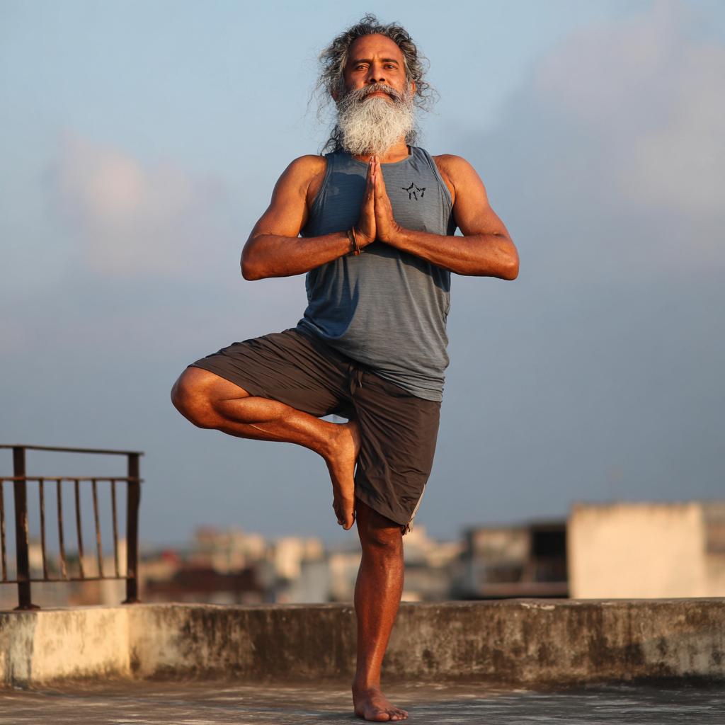 Certified 52 years old yoga instructor demonstrating pose for 50 years old students