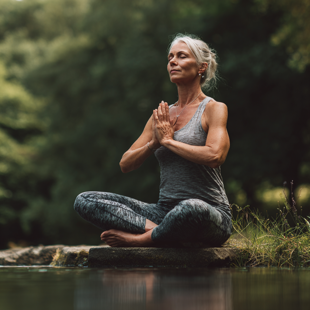 Experienced 50 years old woman demonstrating yoga pose in serene environment