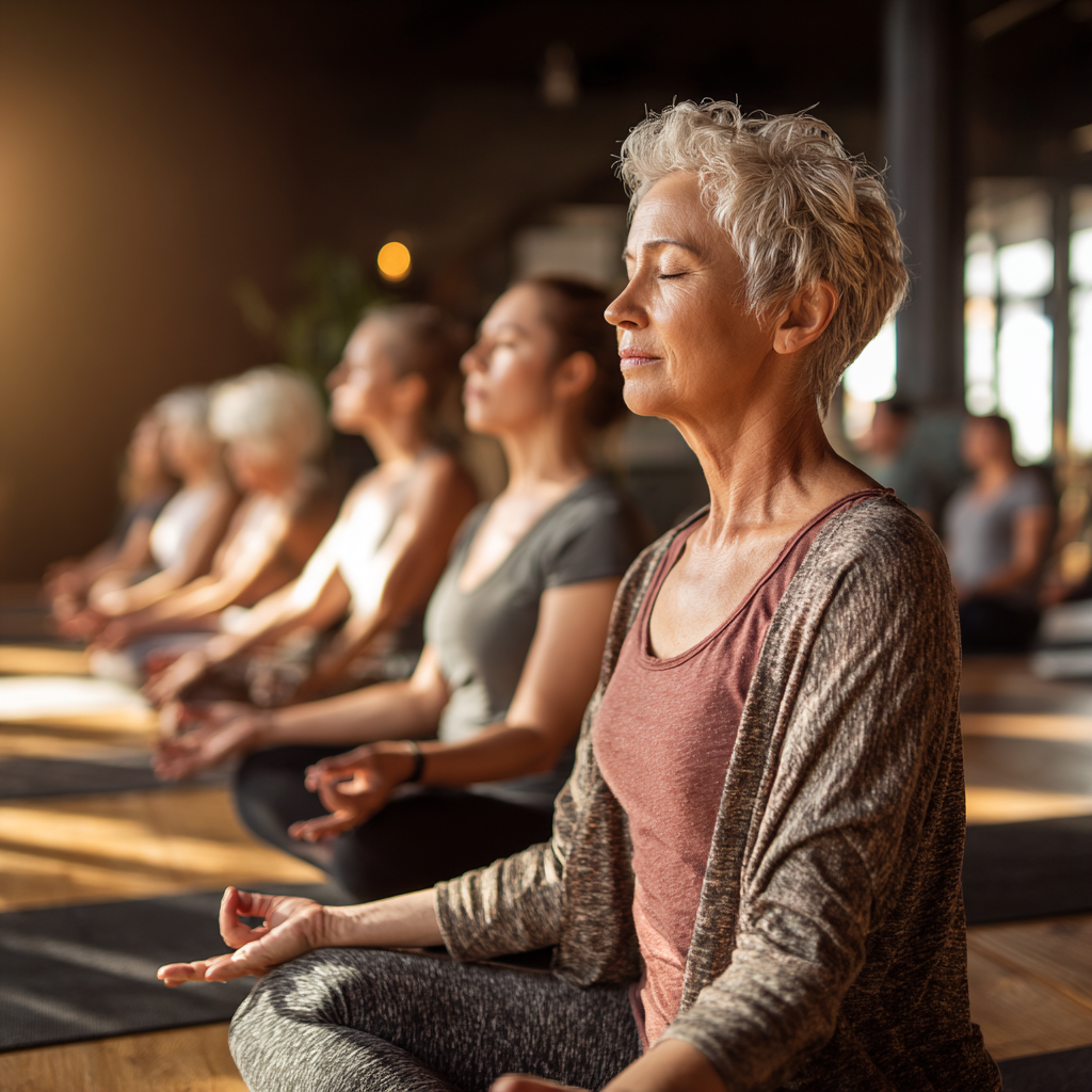 Group of 51 years old women practicing yoga together in natural light